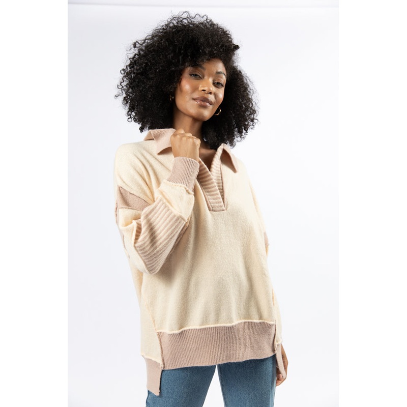 Think About It Cream and Mauve Collared Oversized Sweater