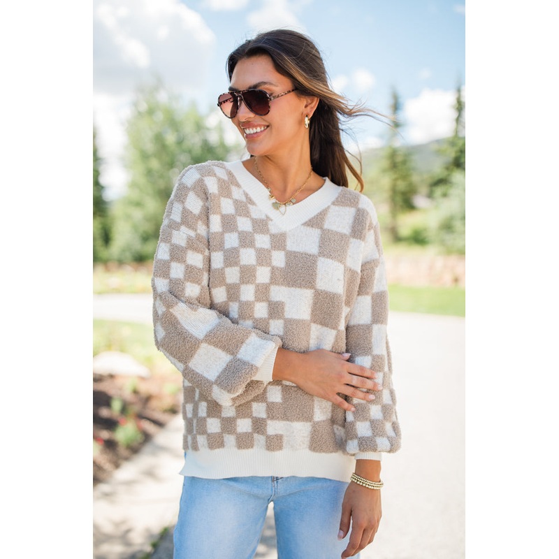 Warm Hearts Taupe Fuzzy Checkered V-neck Sweater  FINAL SALE
