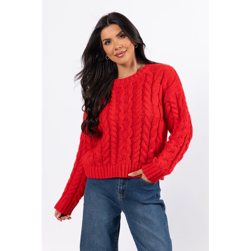A Cozy Place Red Cable Knit Crew Neck Sweater FINAL SALE