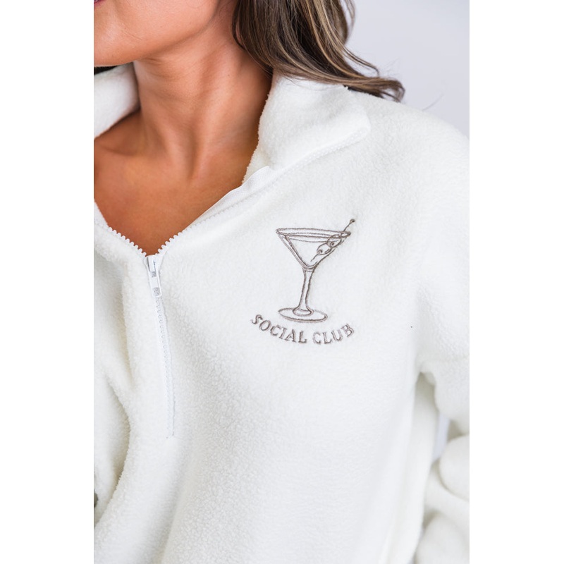 After Hours Ivory and Taupe Social Club Martini Embroidered Fleece Pullover FINAL SALE