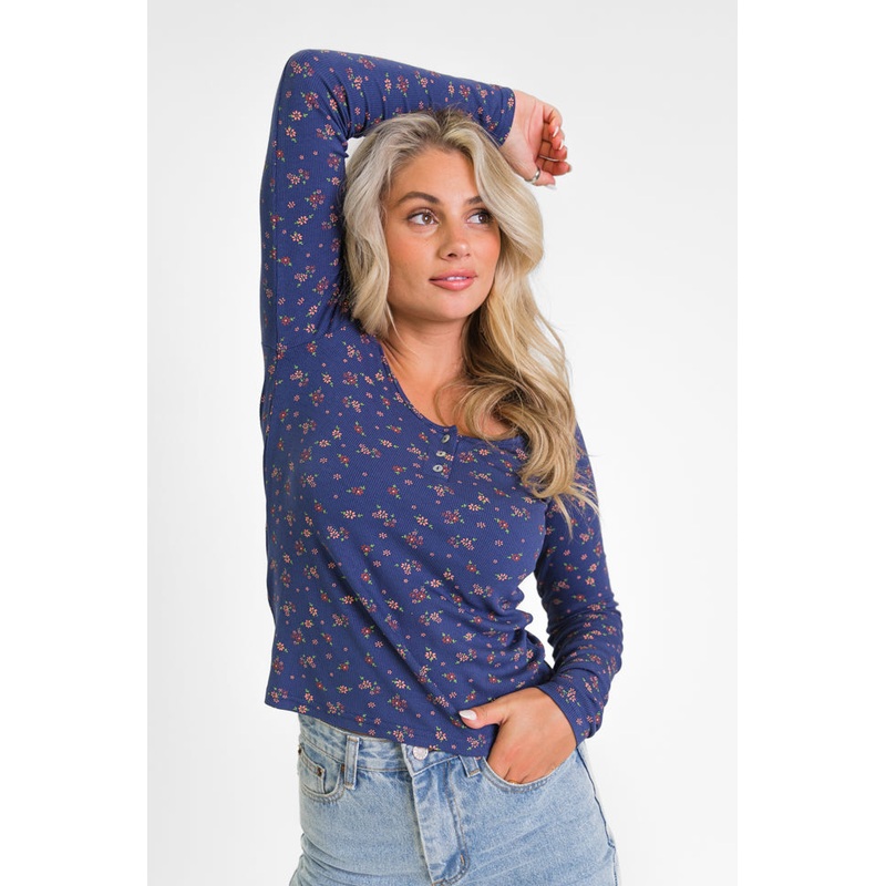 Best In Bloom Navy Ribbed Floral Henley Top  FINAL SALE