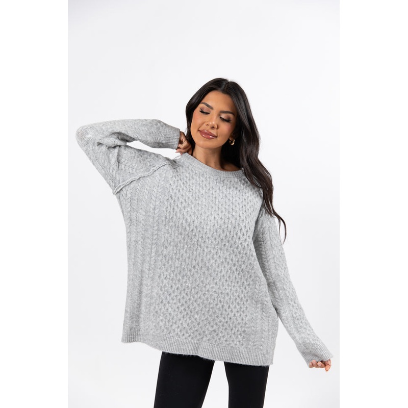 Cable Knit Cuddles Grey Oversized Crew Neck Sweater FINAL SALE
