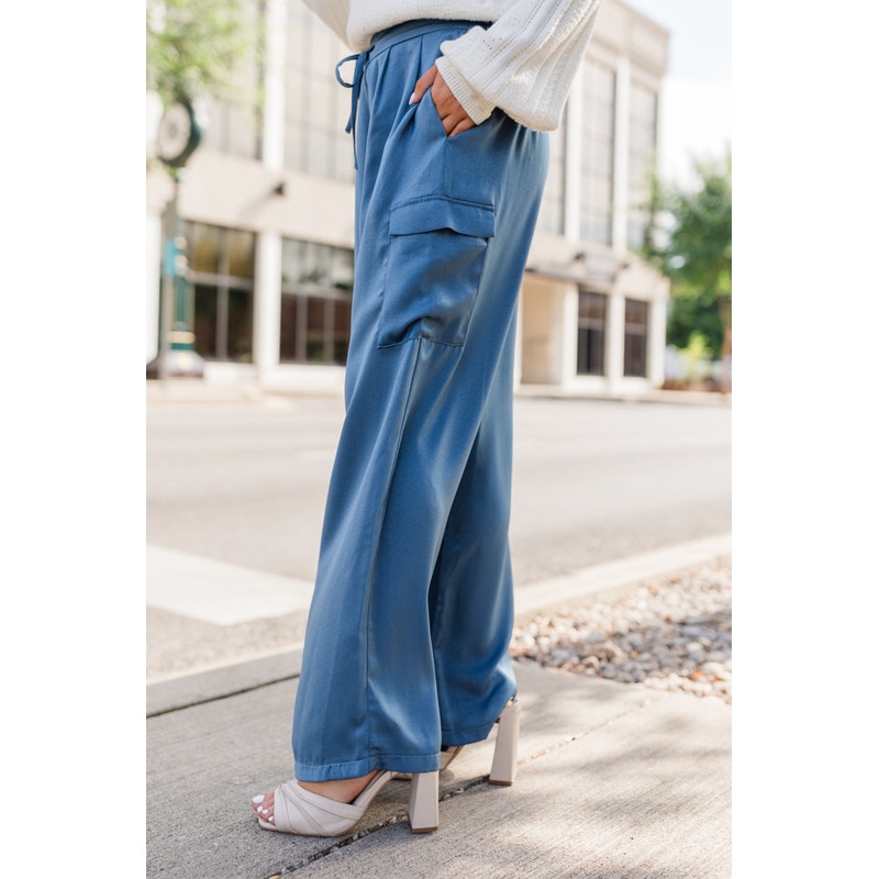 Cool Touch Blue Satin Cargo Pull On Pants FINAL SALE