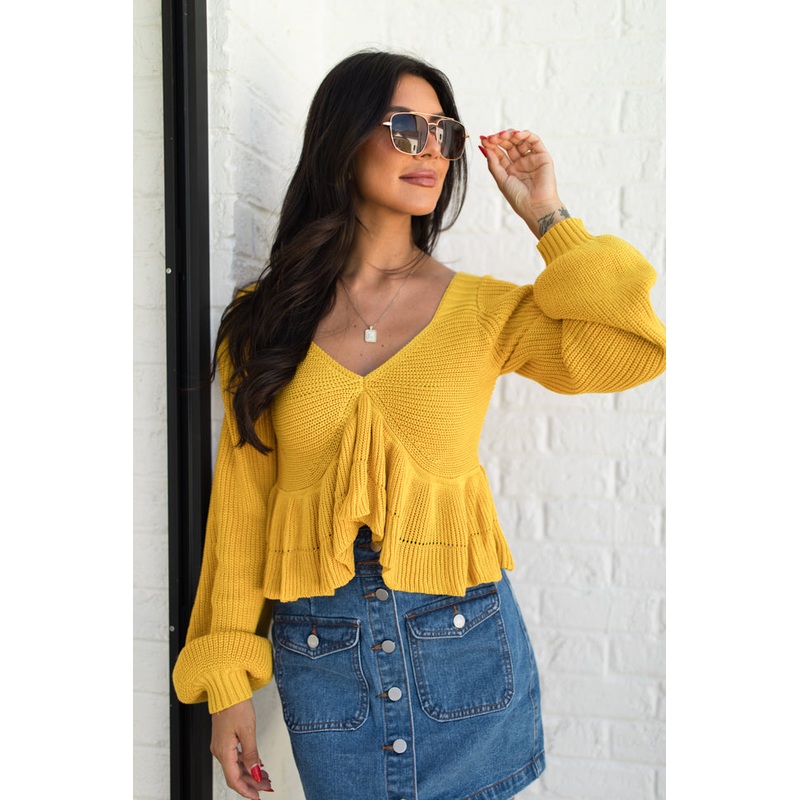 Find Your Way Mustard Ruffle Hem V-Neck Sweater FINAL SALE