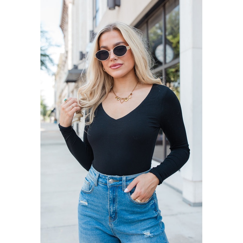 Going Strong Black Ribbed V-neck Bodysuit FINAL SALE
