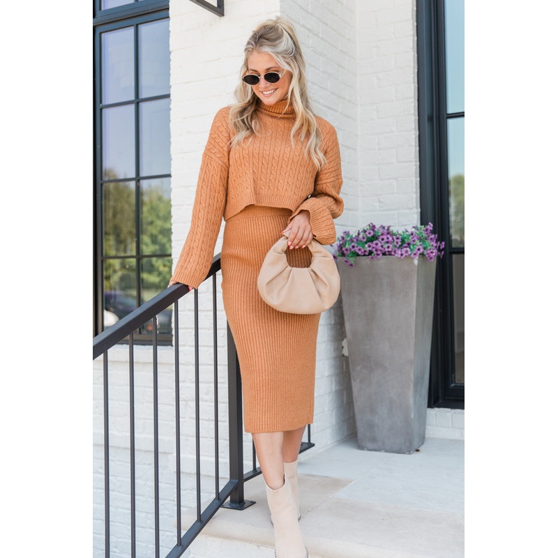 Know The Ropes Camel Cable Knit Sweater Skirt Set FINAL SALE
