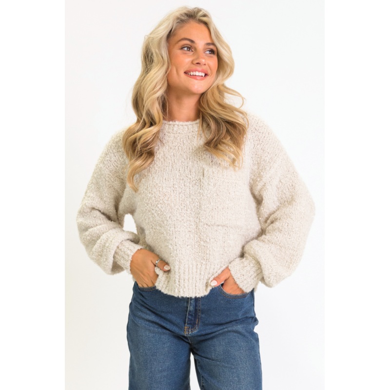 Longer Nights Stone Fuzzy Pocketed Sweater FINAL SALE
