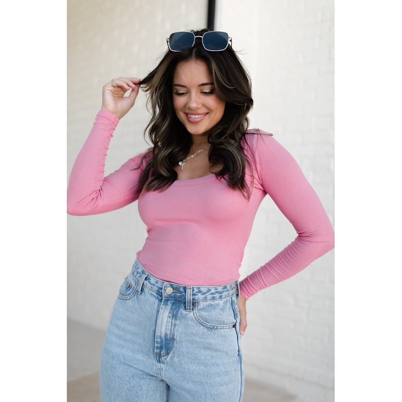 Make Your Choice Rose Ribbed Scoop Neck Long Sleeve Tee FINAL SALE