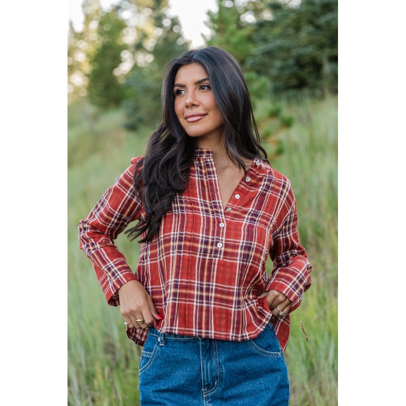 Most Wanted Rust Plaid Woven Blouse FINAL SALE