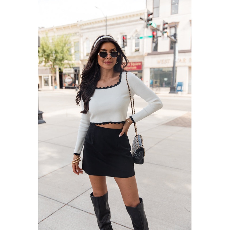 Not Much Different Ivory and Black Contrast Scalloped Hem Sweater FINAL SALE