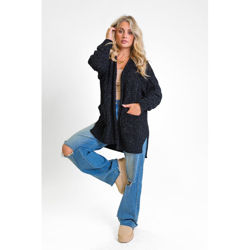 Perfect Day Black Chenille Cable Knit Cardigan FINAL SALE