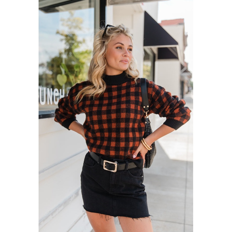 Plaid Pursuit Black and Camel Mock Neck Sweater FINAL SALE