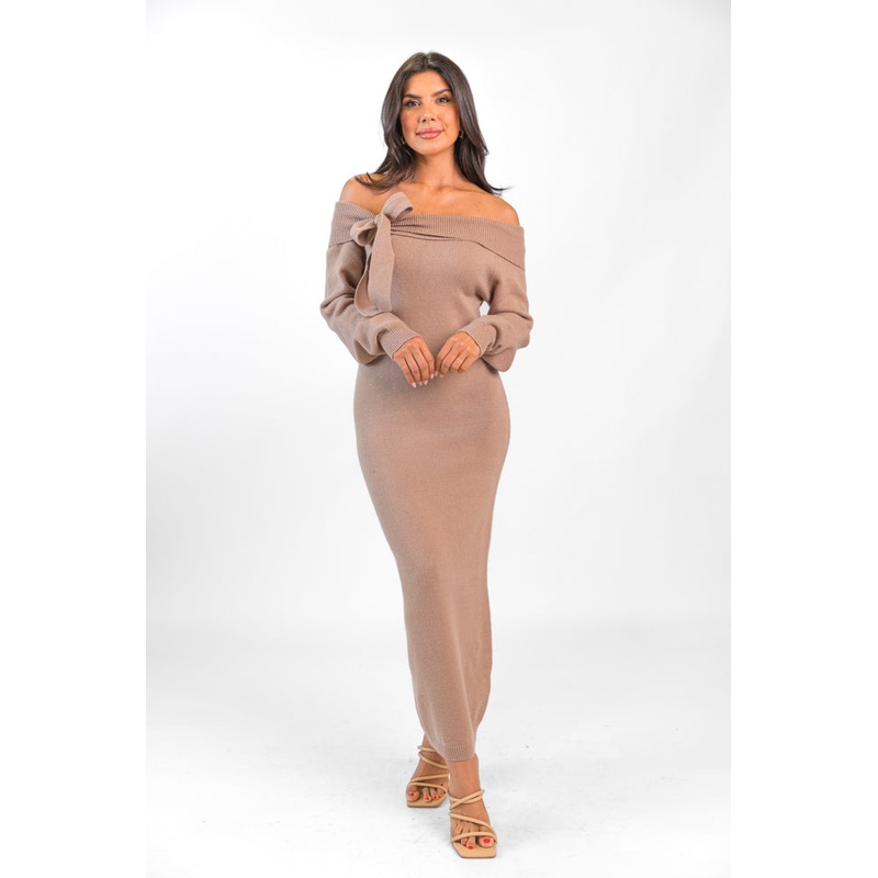 Ribbons and Bows Detail Mushroom Midi Dress FINAL SALE