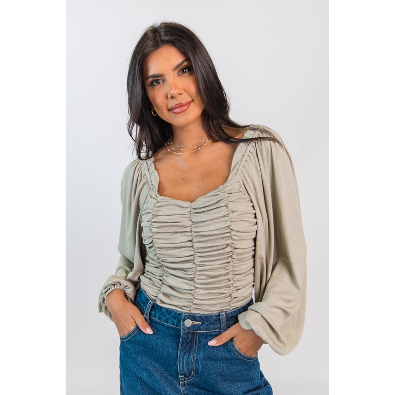 Show Me The Way Sage Ribbed Knit Ruched Balloon Sleeve Bodysuit  FINAL SALE