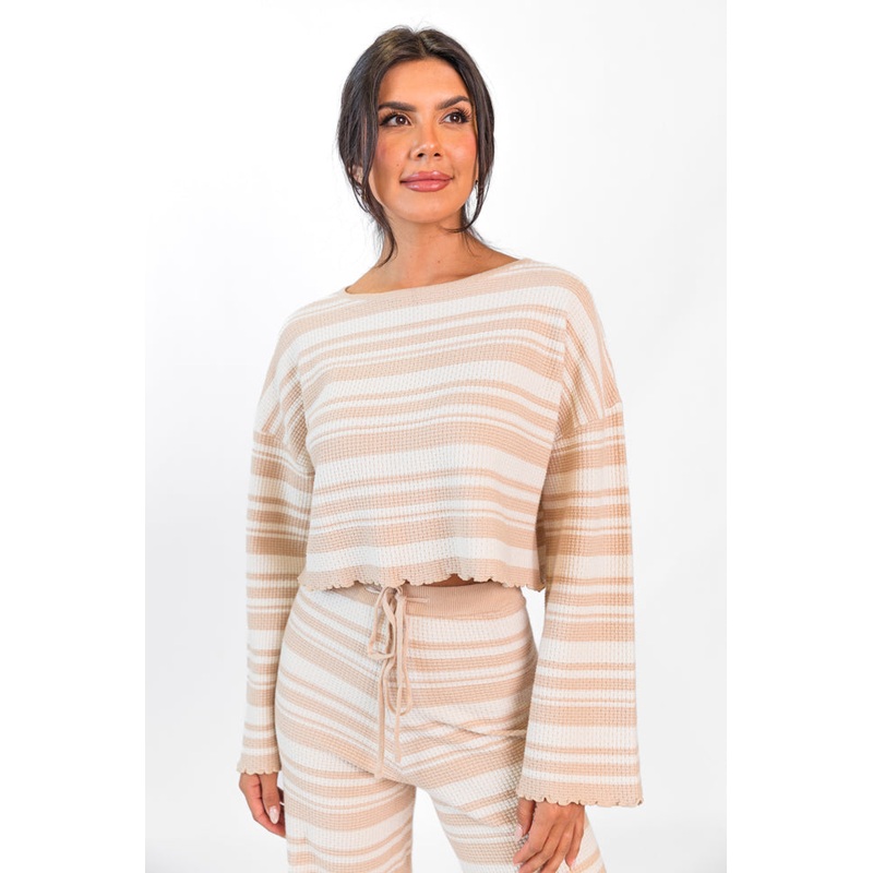 Take You There Taupe Striped Lettuce Hem Crop Top FINAL SALE