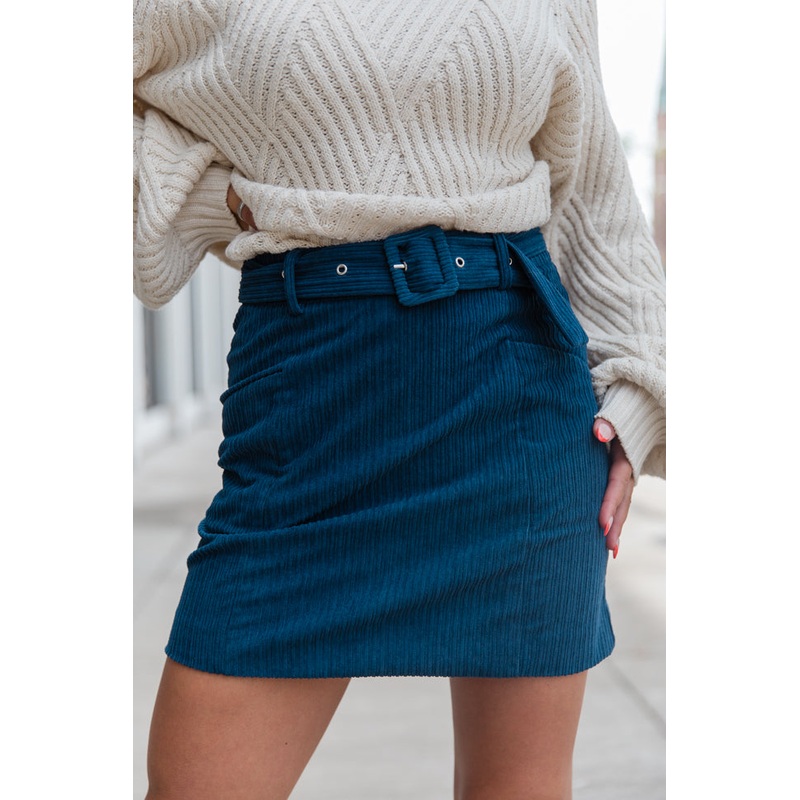 Talk About It Navy Belted Corduroy Skirt FINAL SALE