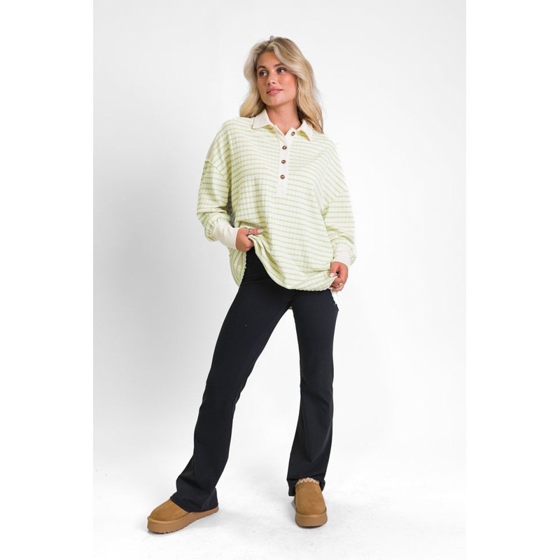This Is The Life Lime Striped Collared Henley Oversized Knit Top FINAL SALE