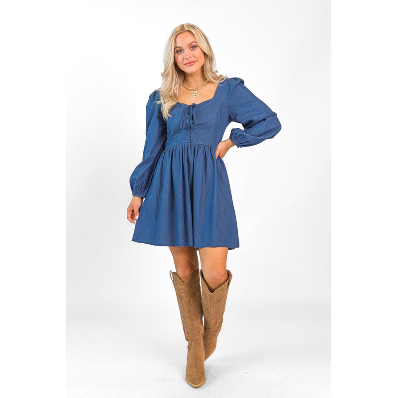 Up To Me Medium Wash Lace Up Detail Chambray Dress FINAL SALE