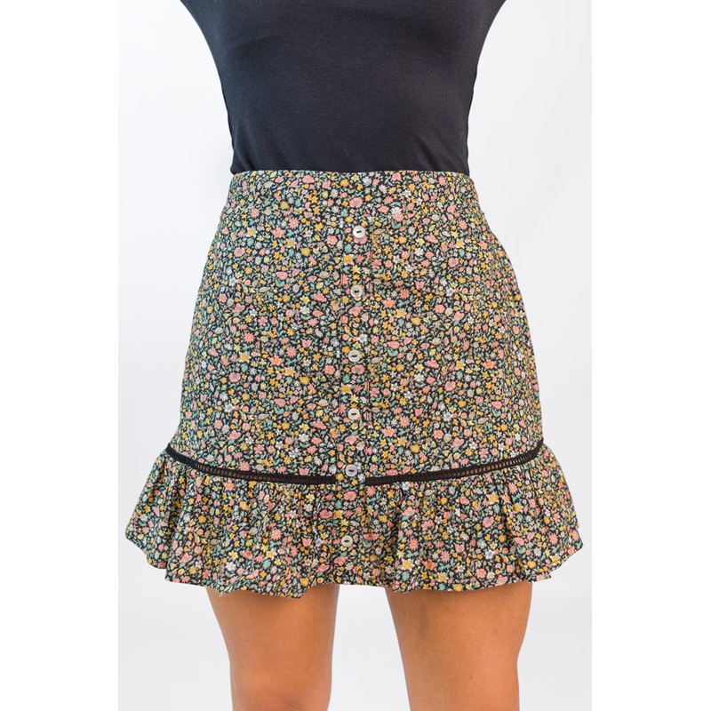 What’s The Tea Black Button Front Floral Mini Skort FINAL SALE