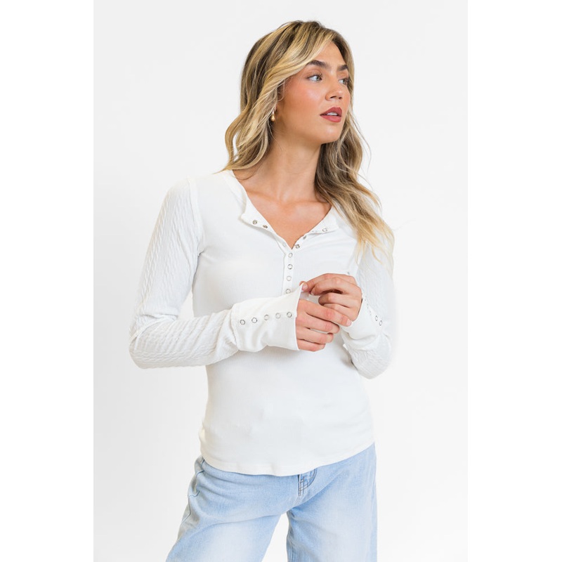 All The Better Ivory Cable Knit Sleeve Knit Henley Top FINAL SALE