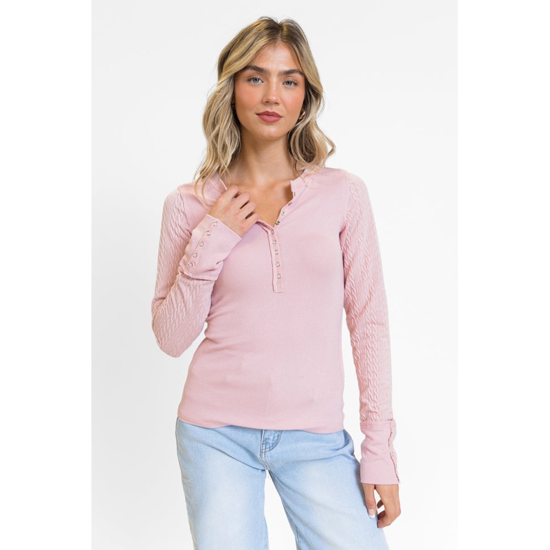 All The Better Light Pink Cable Knit Sleeve Knit Henley Top FINAL SALE