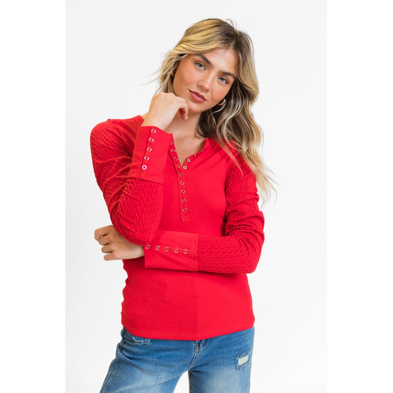 All The Better Red Cable Knit Sleeve Knit Henley Top FINAL SALE