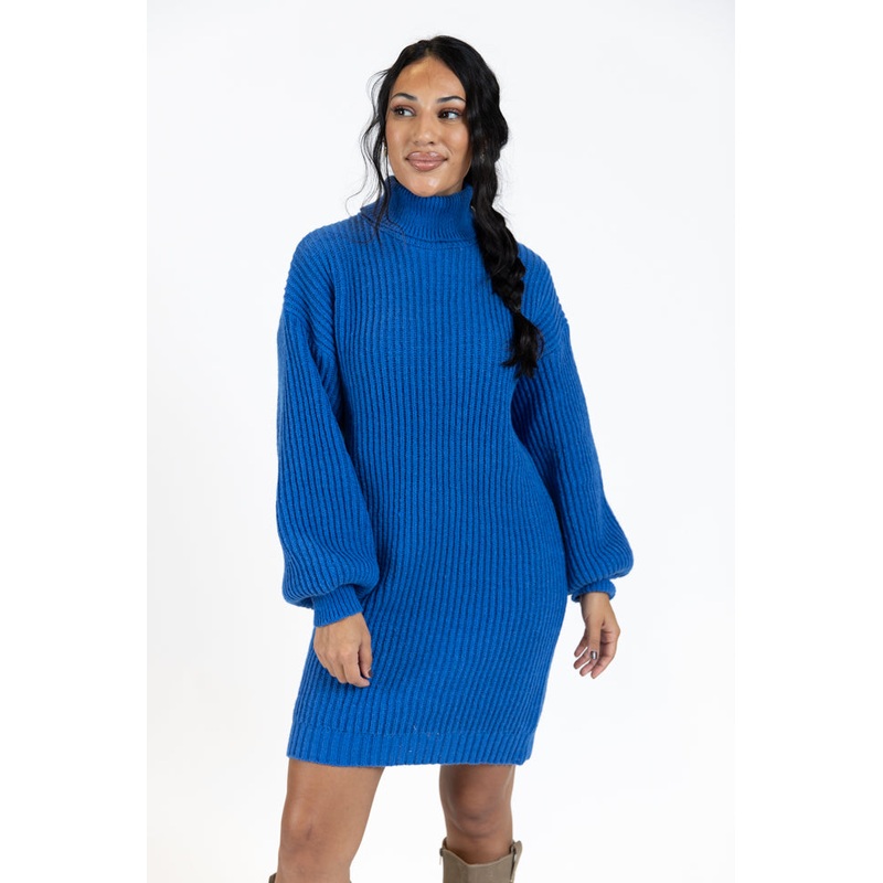 Call My Bluff Blue Bubble Sleeve Turtleneck Sweater Dress  FINAL SALE