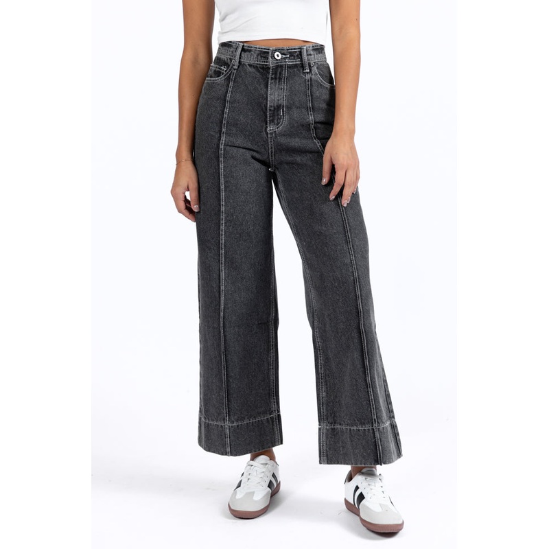 Estelle Black Acid Wash Wide Leg Front Seam Denim Pants FINAL SALE
