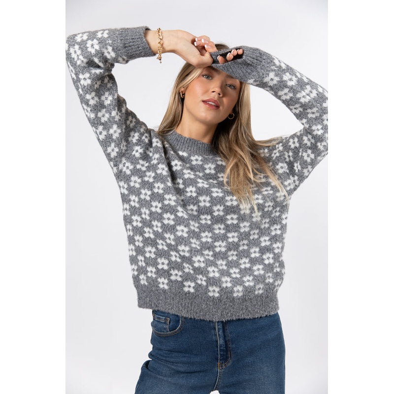 Gonna Go Far Grey Flower Print Sweater FINAL SALE