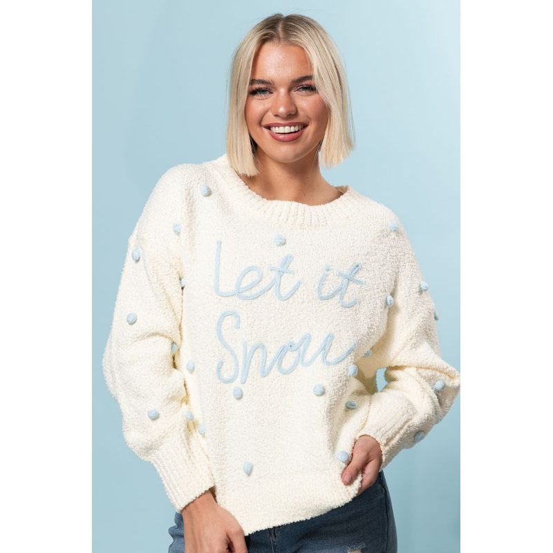 Let It Snow Ivory And Blue Fuzzy Pom Sweater FINAL SALE