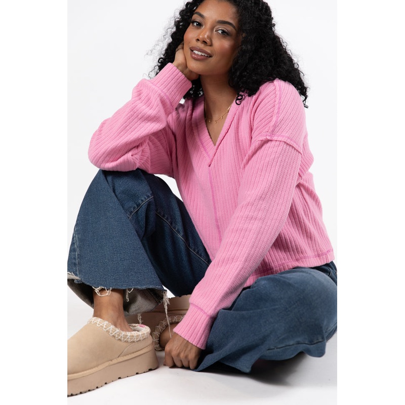 Living Right Pink Ribbed V-Neck Knit Top FINAL SALE