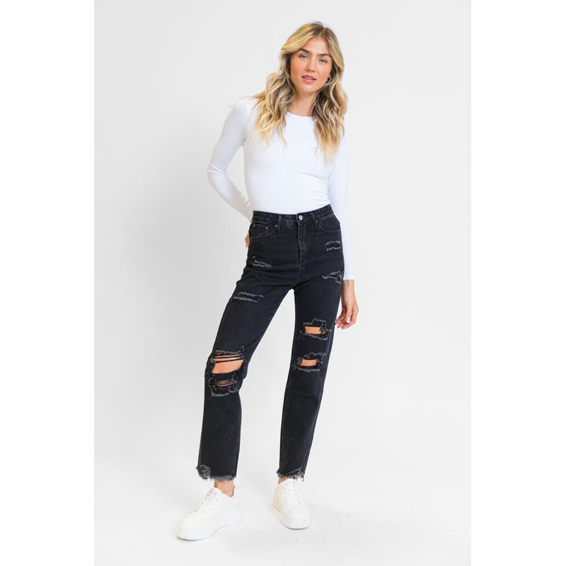 Megan Black Wash Distressed Straight Leg Tall Mom Jeans FINAL SALE
