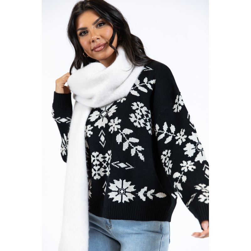 One More Shot Black Snowflake Printed Sweater FINAL SALE
