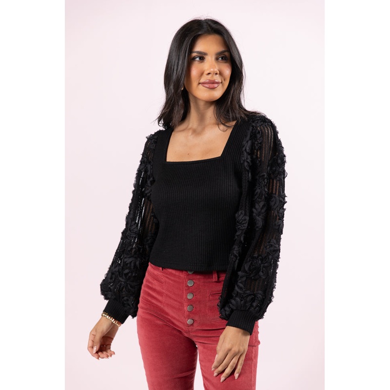 Put It On Ice Black Textured Sleeve Square Neck Sweater FINAL SALE