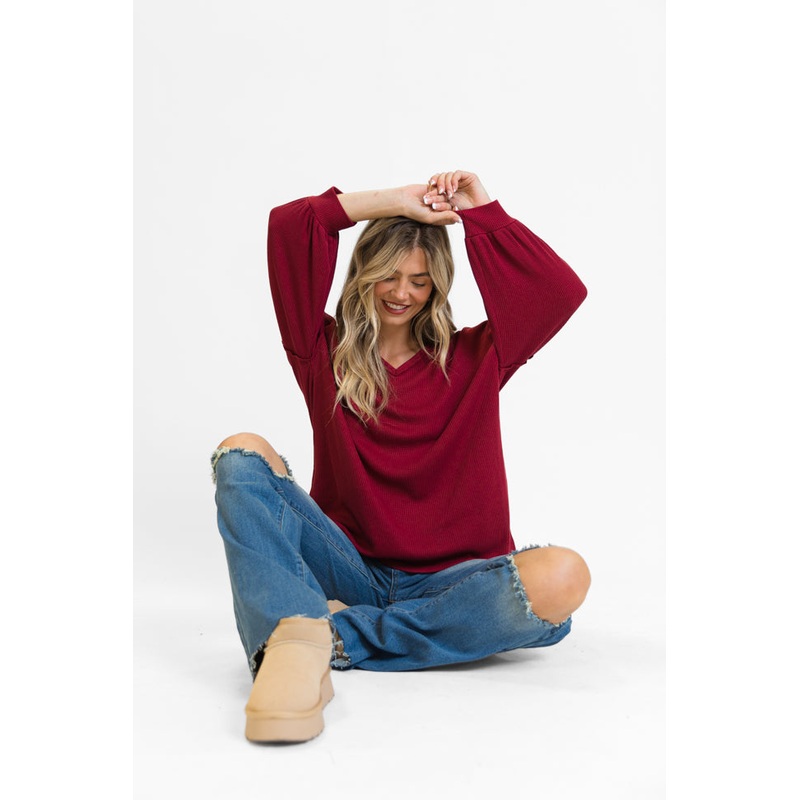 Sending Love Burgundy Oversized Waffle V-Neck Top FINAL SALE