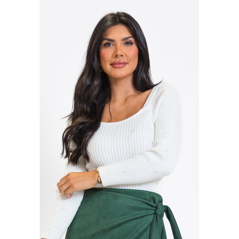 Snowed In Ivory Pearl Embellished Square Neck Sweater FINAL SALE