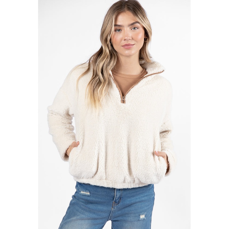 Stay Here Beige Contrast Trim Sherpa Pullover FINAL SALE