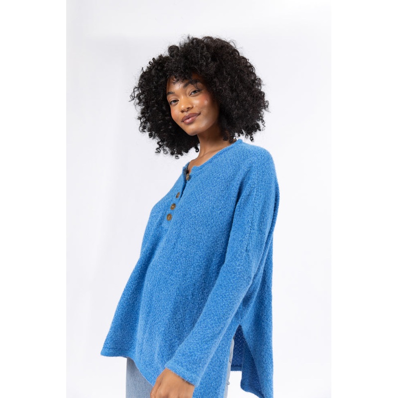 Thinking Of You Blue Fuzzy Henley Blouse FINAL SALE