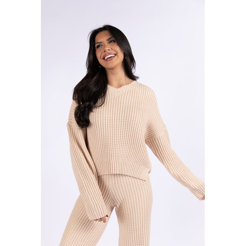 This Is Why Tan Thermal Waffle Knit Pullover FINAL SALE