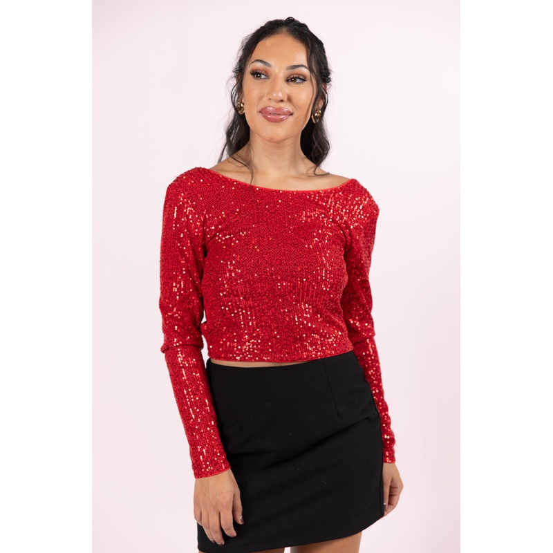 Tidings To You Red Smocked Back Sequin Top  FINAL SALE