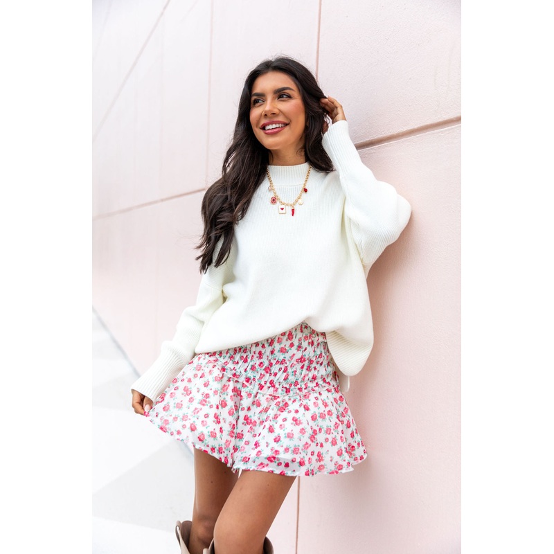 Cross My Path Ivory and Red Drop Smocked Waist Mini Skort FINAL SALE