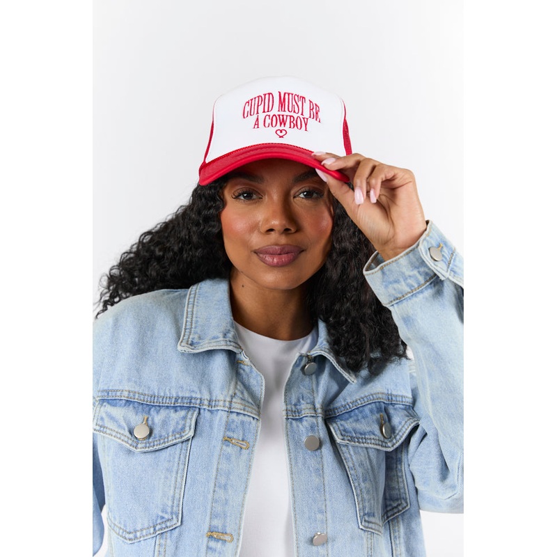 Cupid Must Be A Cowboy Red and White Trucker Hat FINAL SALE