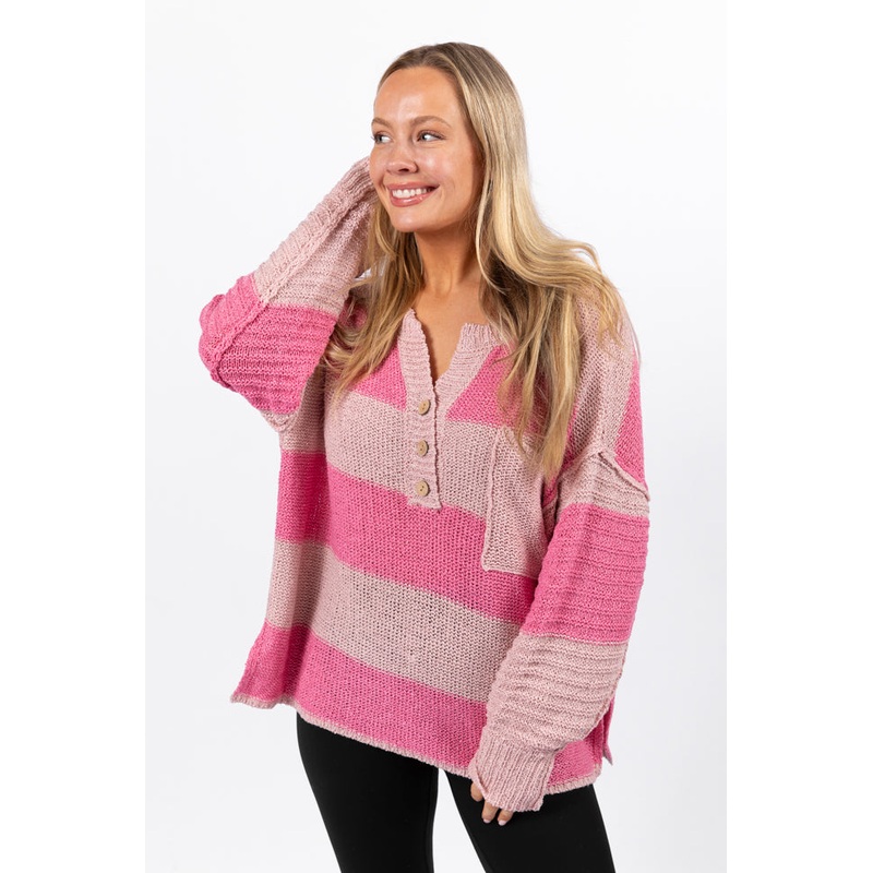 Know You Best Pink Oversized Striped Henley Sweater