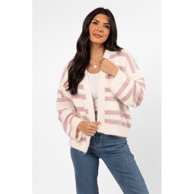 Made My Change Mauve and Cream Fuzzy Striped Cardigan