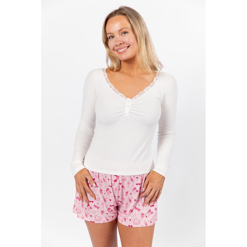Make Your Choice Ivory Ribbed Lace Trim Henley Long Sleeve Tee FINAL SALE