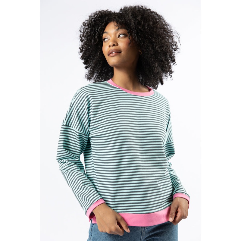 Think On It Pink, Navy, and Charcoal Striped Contrast Trim Pullover FINAL SALE