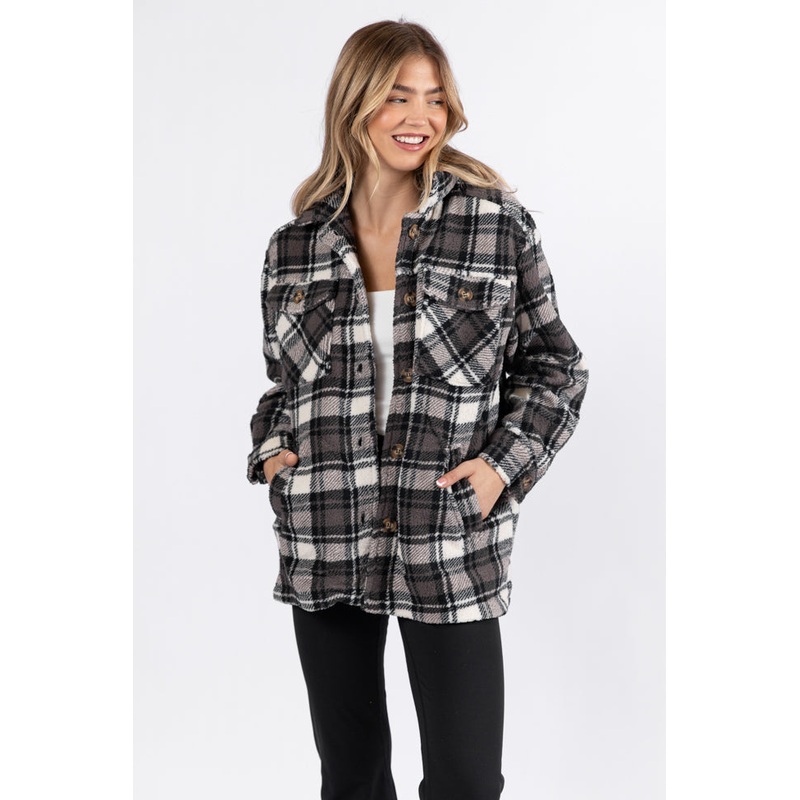 Through The Leaves Black Plaid Sherpa Shacket FINAL SALE