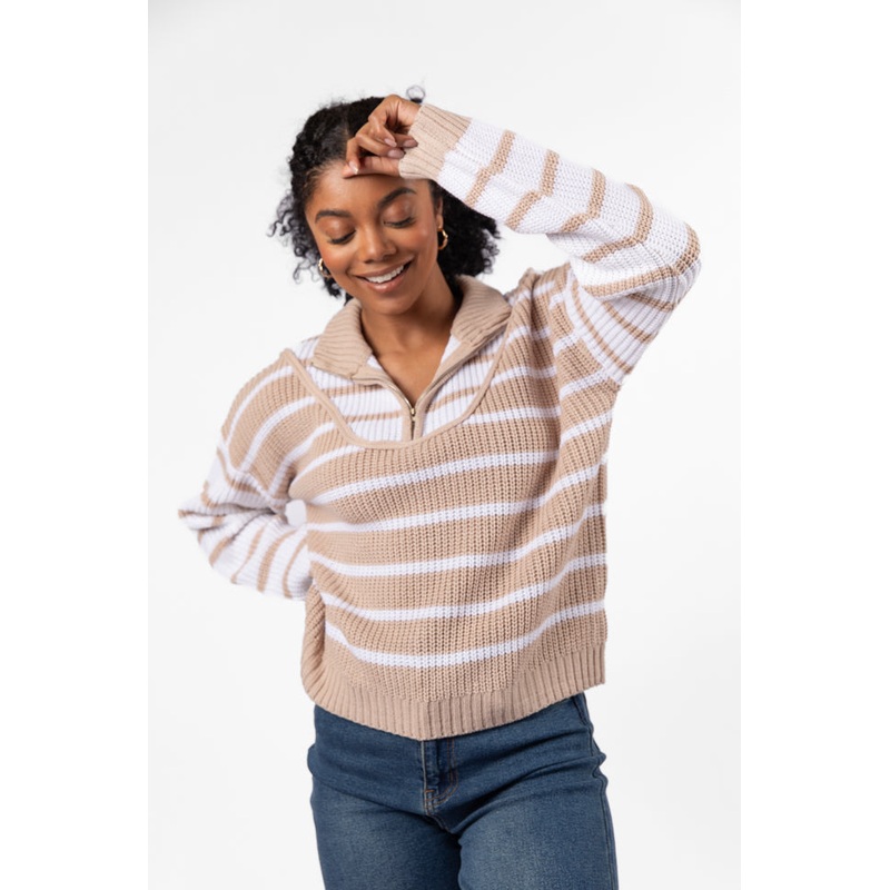 Worth Melting For Beige Striped Color Block Quarter Zip Pullover Sweater FINAL SALE