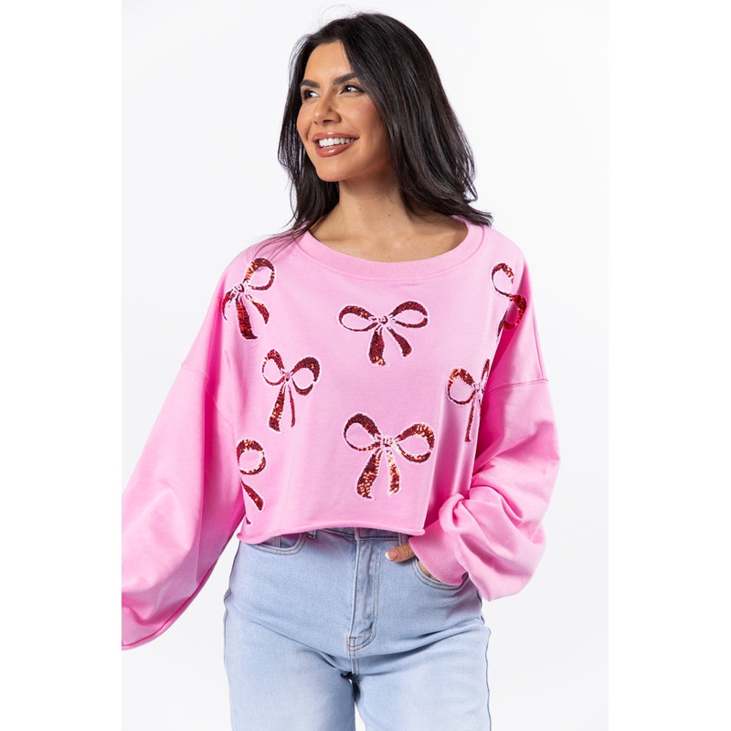 Wrapped Around My Finger Bow Sequin Patch Pink Cropped Sweatshirt FINAL SALE