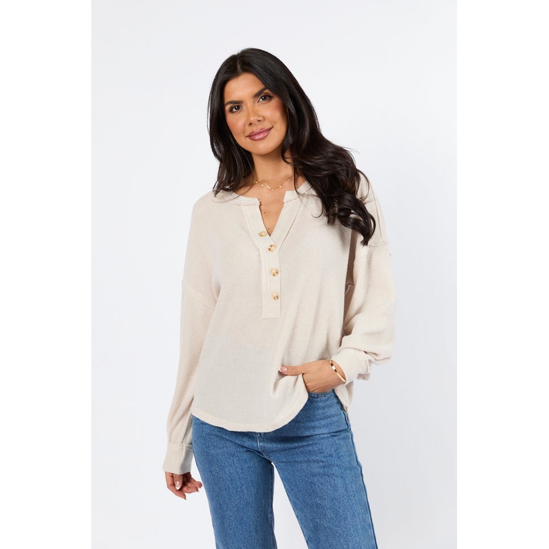 Any Other Way Oatmeal Brushed Rib Henley Knit Long Sleeve Top FINAL SALE